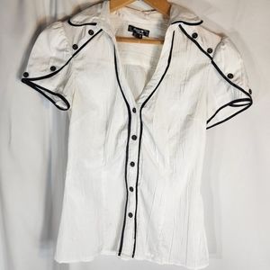 Sequin Hearts White & Black Button Down Short Sleeve Dressy Top Size Small